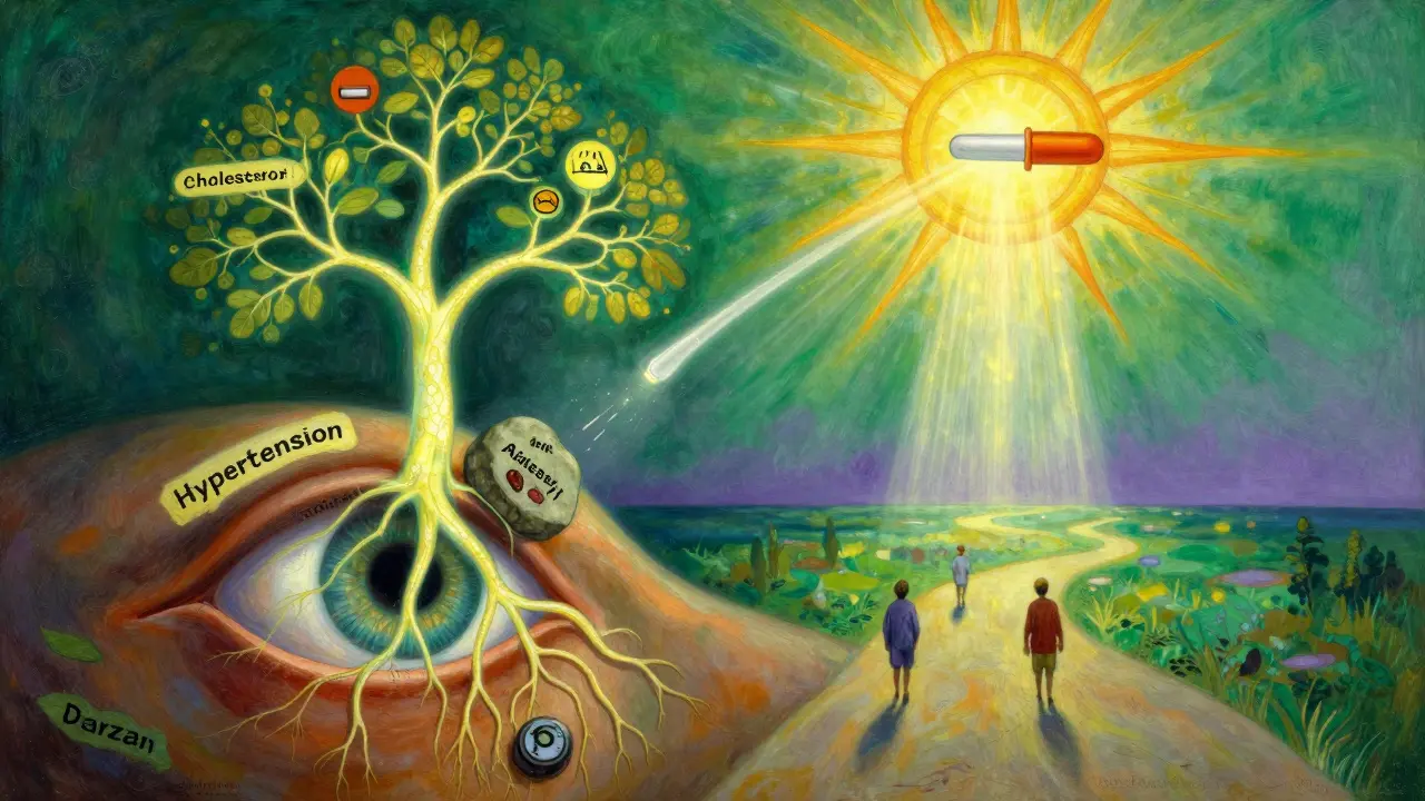 A tree growing from an eye, its branches as retinal vessels, crushed by hypertension, bathed in healing light.