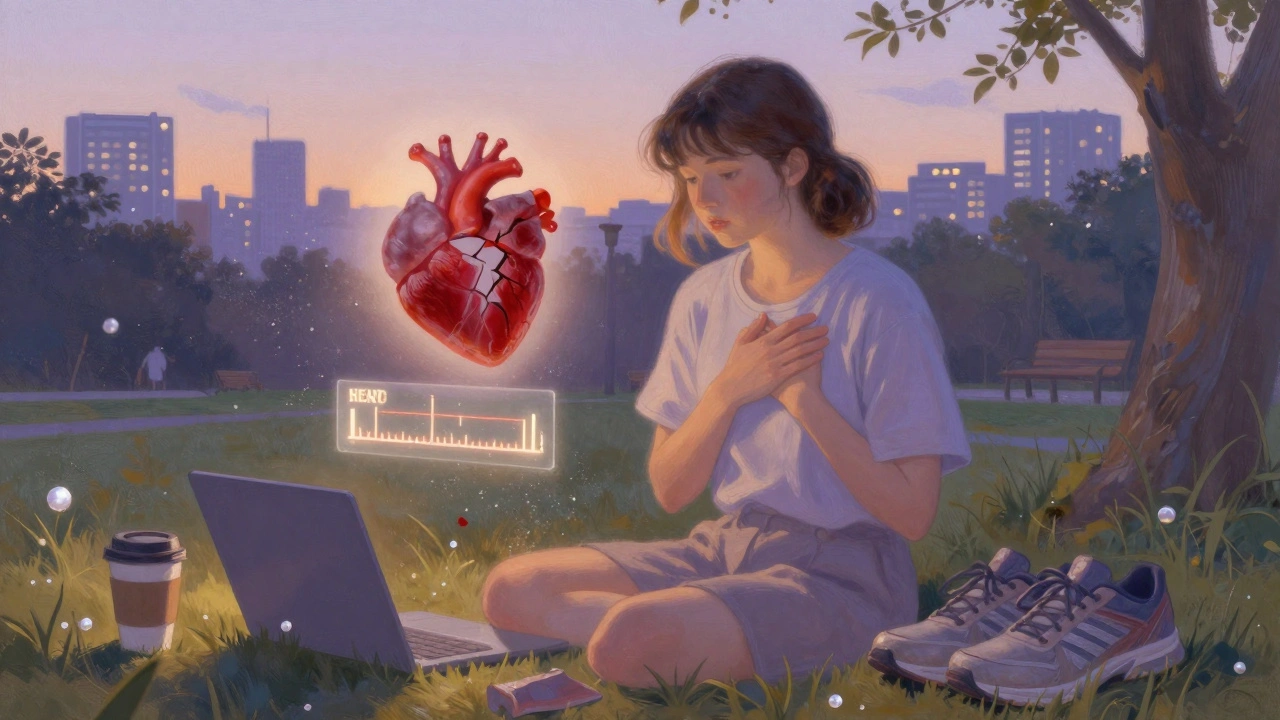 A young woman in a park with symbolic fragments of her life and a glowing HEART score chart above.