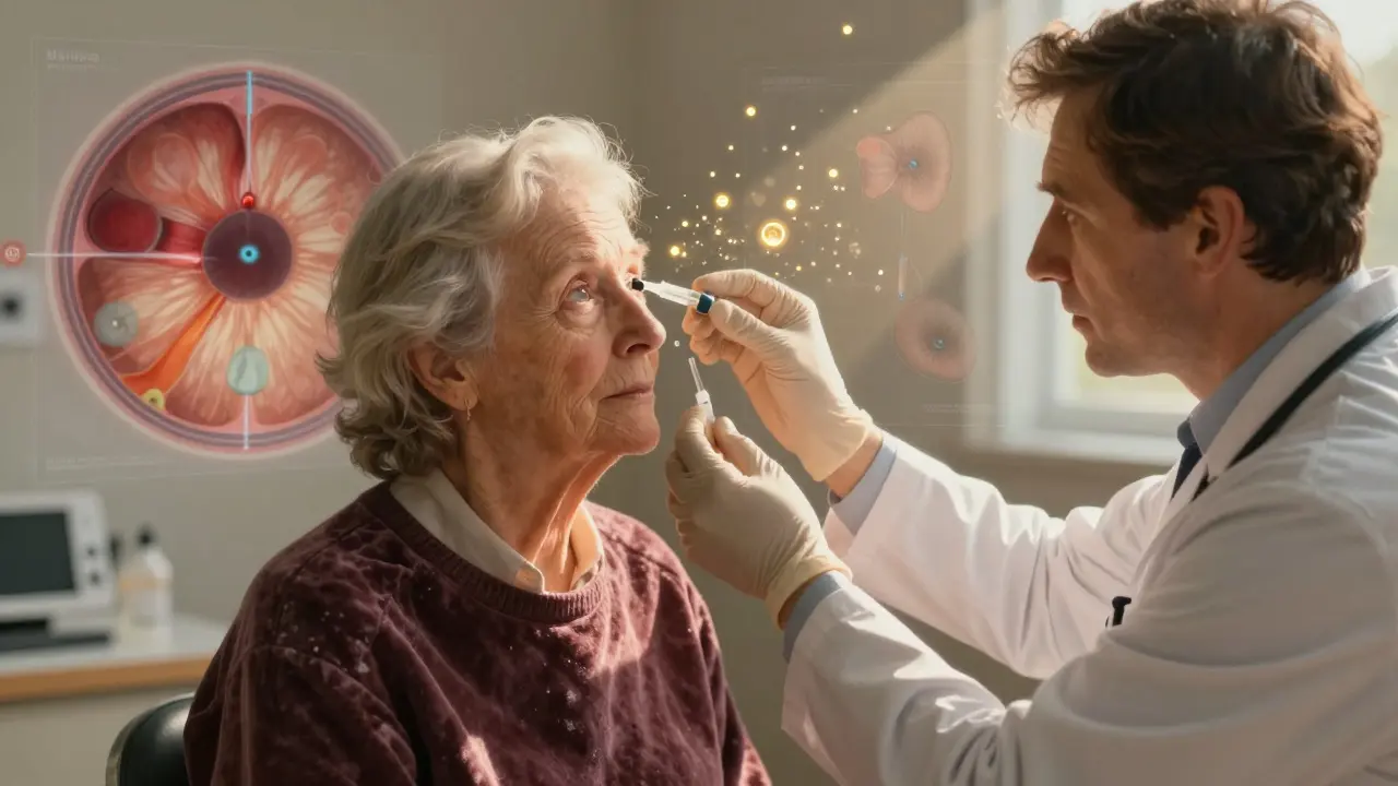 An elderly patient receiving a painless eye injection in a sunlit clinic, surrounded by glowing VEGF-blocking particles.
