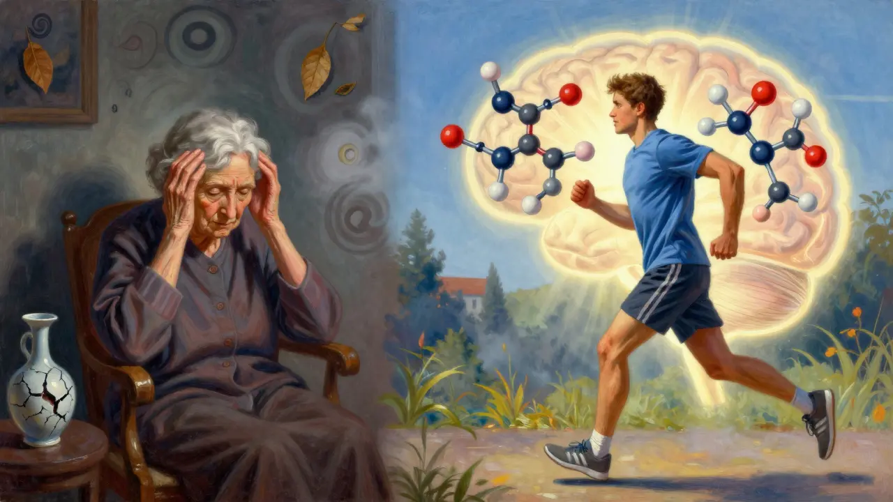 An elderly woman in shadow with anticholinergic symbols versus a young man in light with molecular structures blocking brain entry.