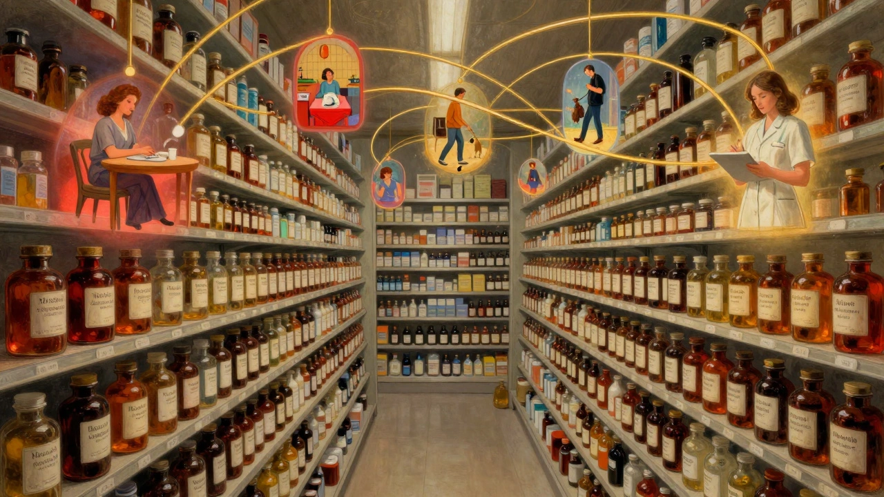 An endless pharmacy shelf with approved side effects, connected by golden threads to real people experiencing unreported symptoms.