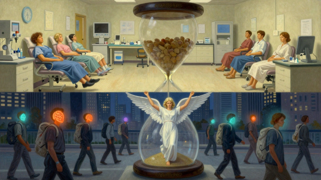 An hourglass dividing a controlled clinical trial above from a bustling city where invisible side effects affect everyday life.