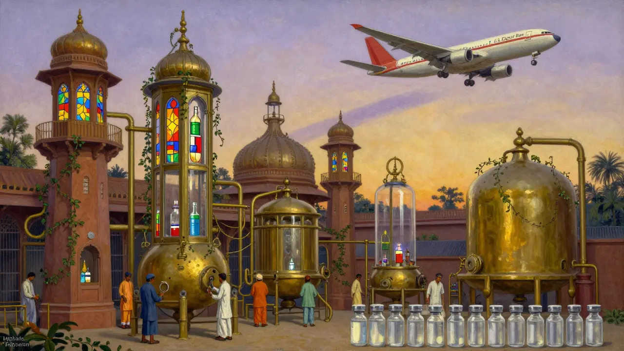 An ornate Indian vaccine factory under twilight, with a plane casting a shadow over empty vials.