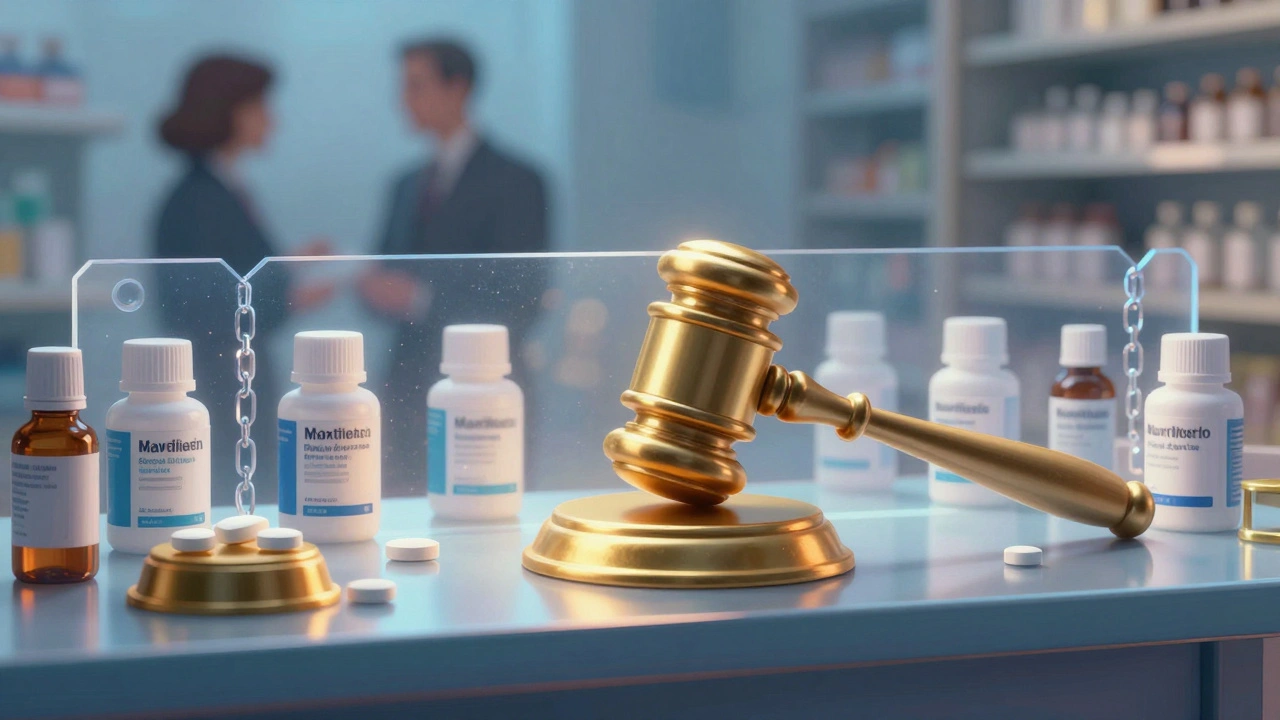 Branded pills on golden pedestals while identical generics are trapped behind a shimmering gavel-shaped barrier in a luminous pharmacy shelf.