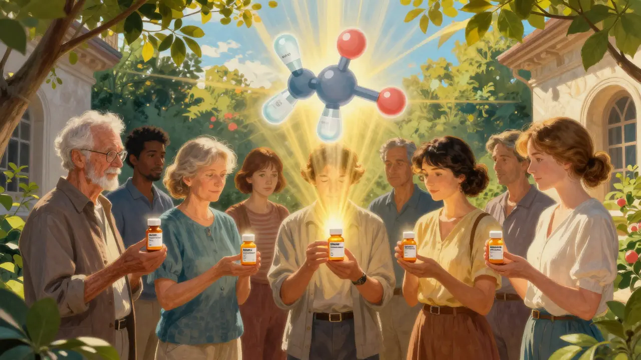 Diverse patients holding pill bottles in a sun-dappled courtyard, with a glowing molecular symbol above.