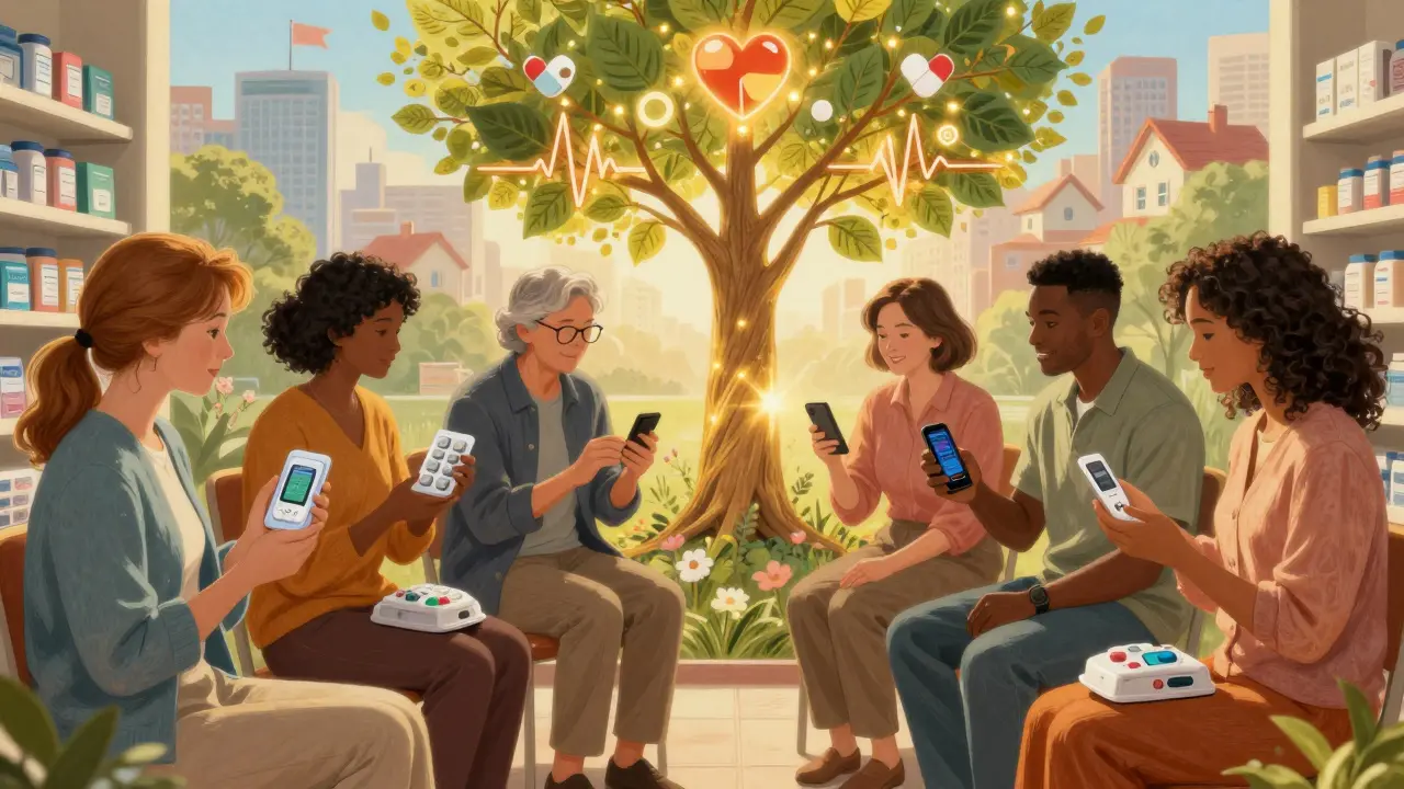 Diverse patients in a pharmacy connected by a golden aura to a tree with heartbeat and pill-shaped leaves.