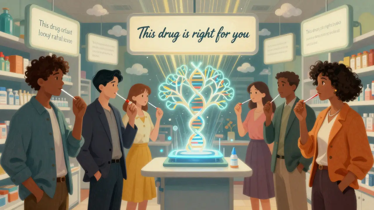 Diverse people in a sunlit online pharmacy, DNA strands connecting to a glowing AI tree.