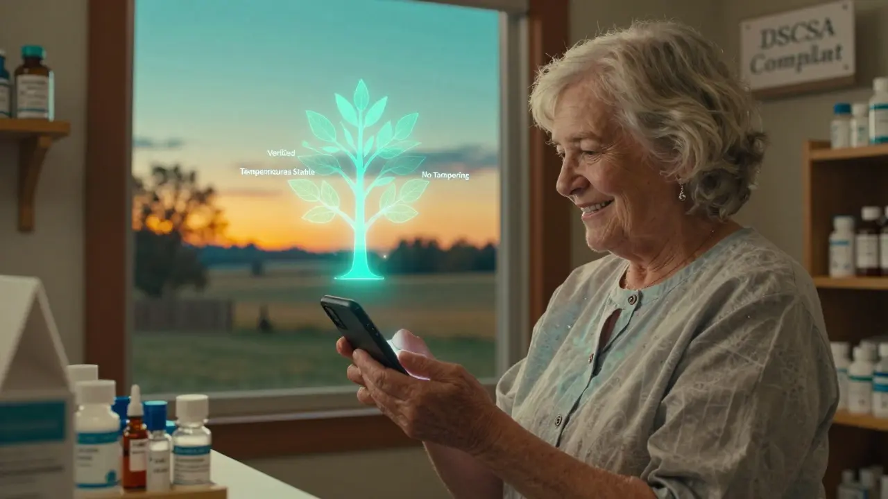 Elderly patient scanning insulin bottle as a holographic blockchain tree glows above her hand.