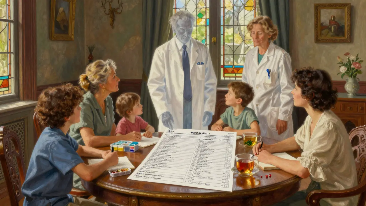 Family and caregiver reviewing medication list with pharmacist and doctor present in a sunlit room.