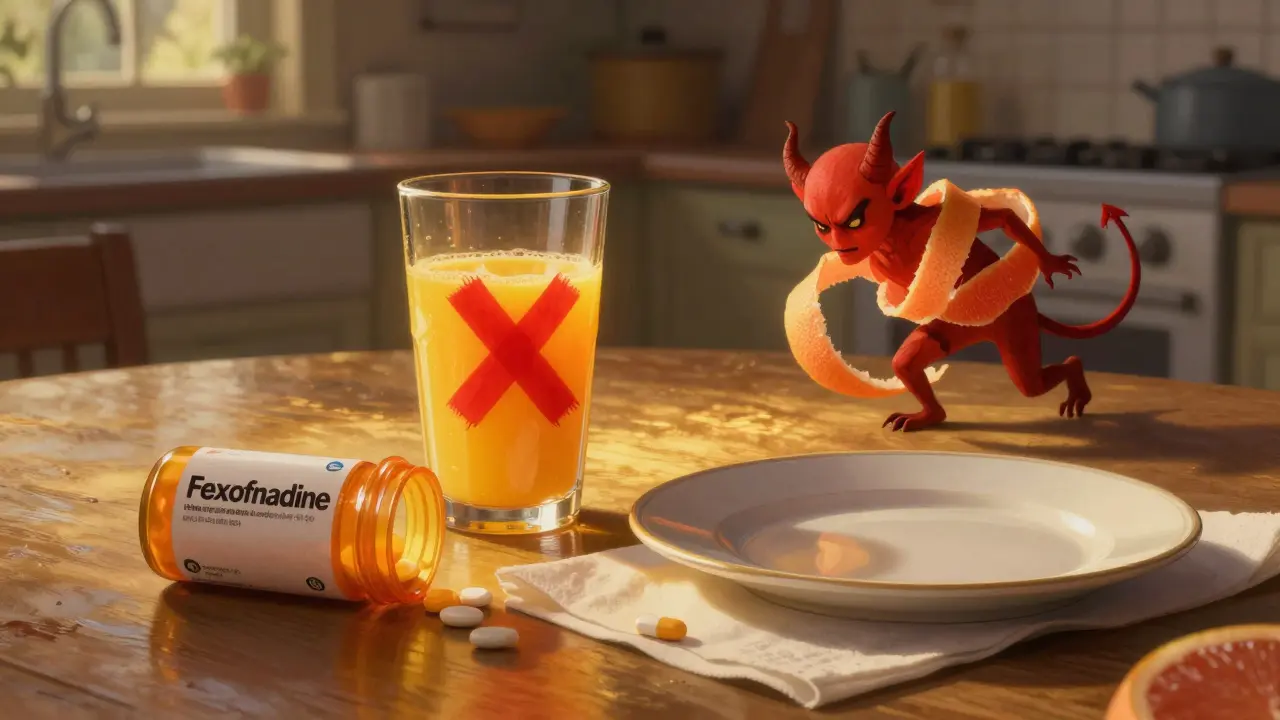 Fexofenadine pill on a napkin with a glowing X over orange juice, symbolizing dietary restrictions.
