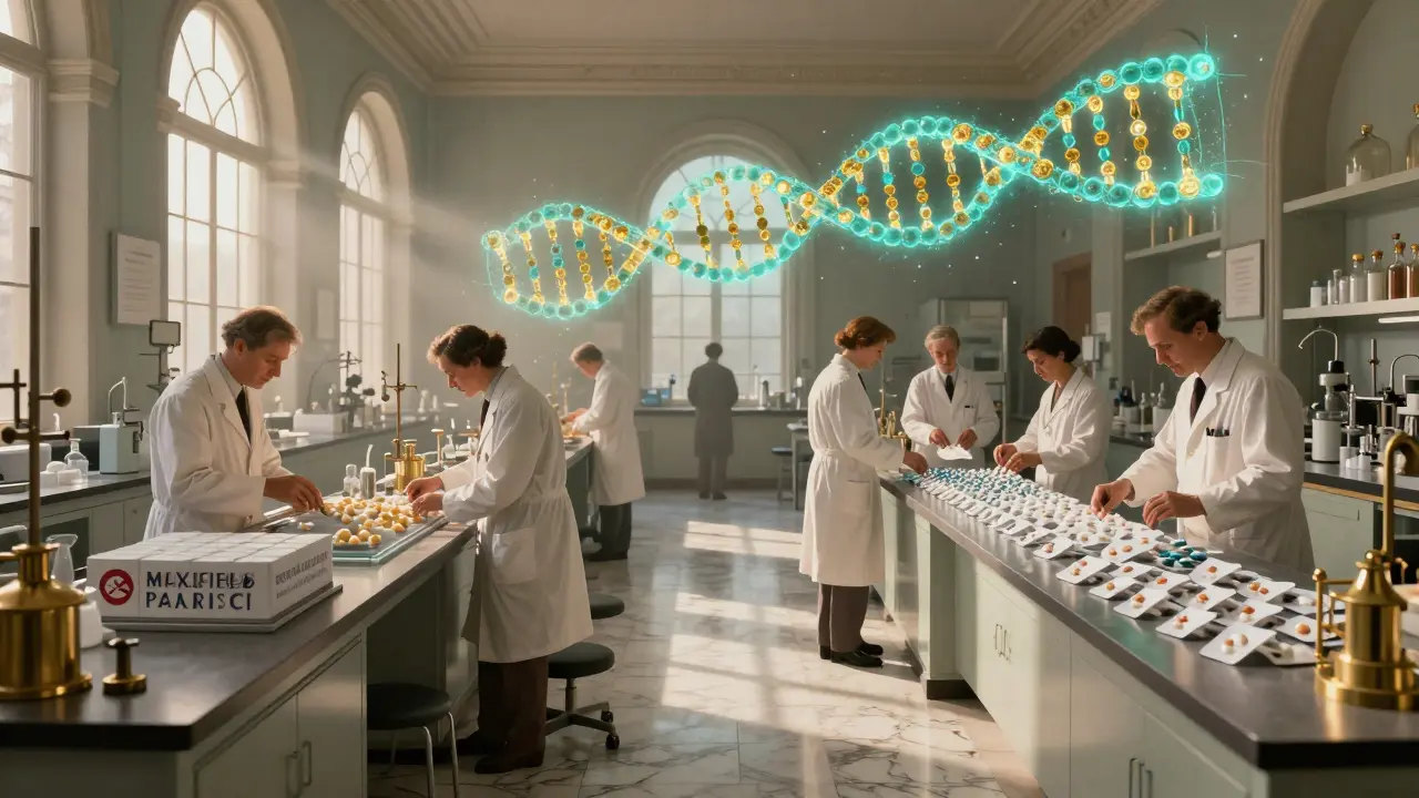 Identical drug production lines in a sunlit laboratory with floating molecular structures.