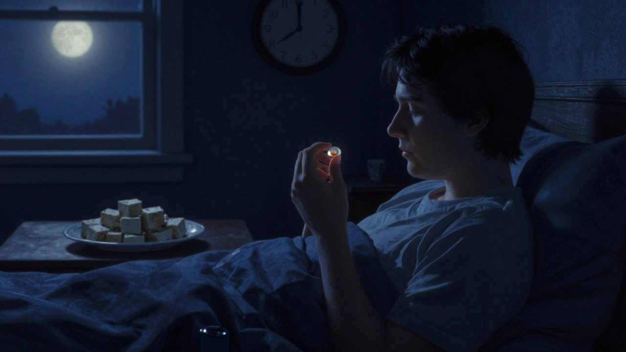 Nighttime medication ritual with tofu in the distance, lit by moonlight and the promise of sunrise.