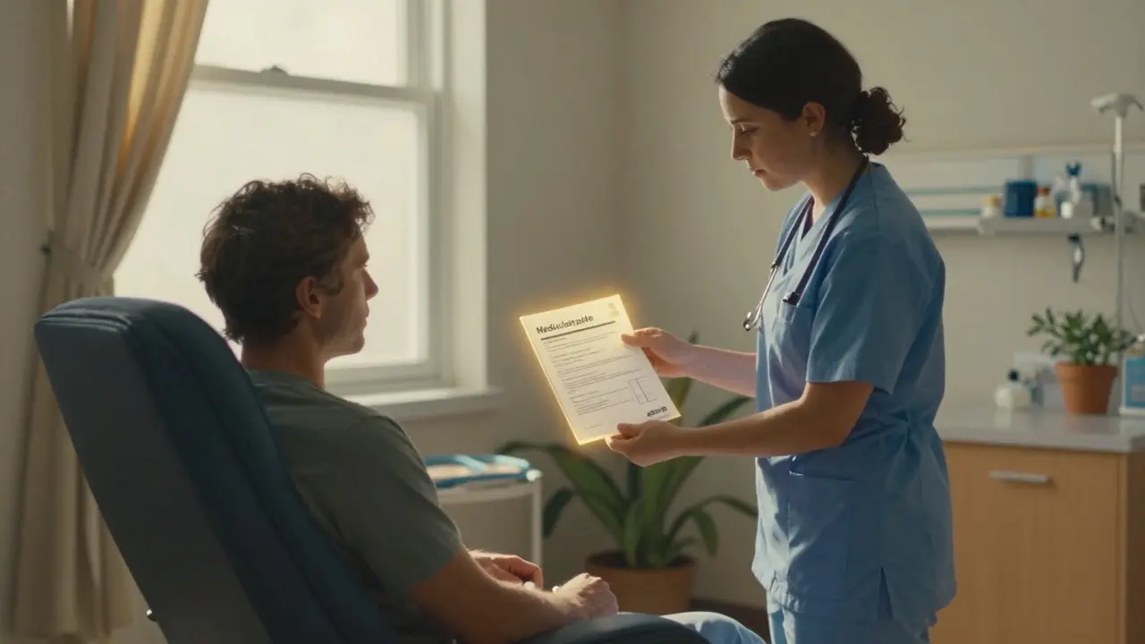 Nurse giving a first-time Medication Guide to a patient in an infusion center.