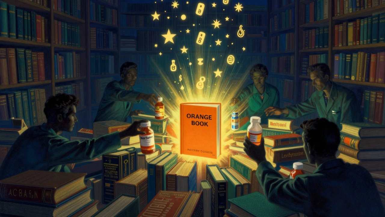 Ornate library with the Orange Book at center, radiating light as AB ratings fall like stars around it.