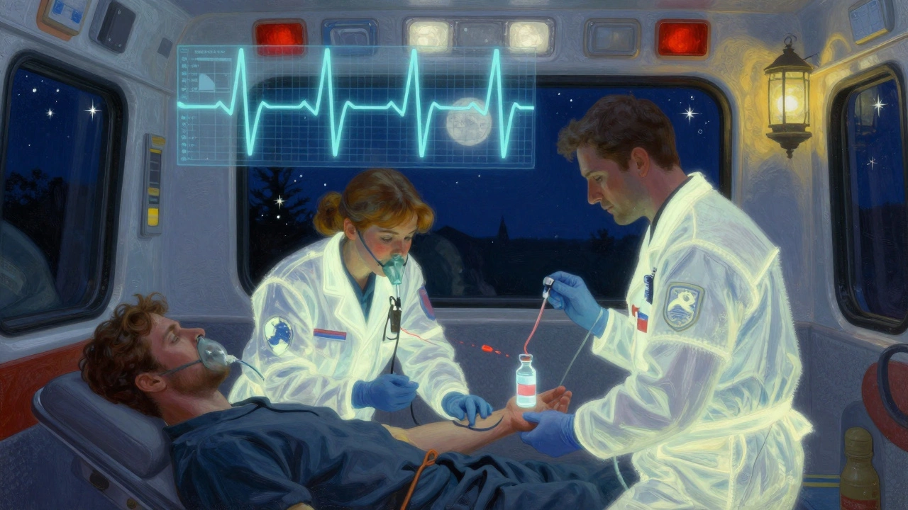 Paramedics in an ambulance administering care as an ECG waveform floats above them in golden light.