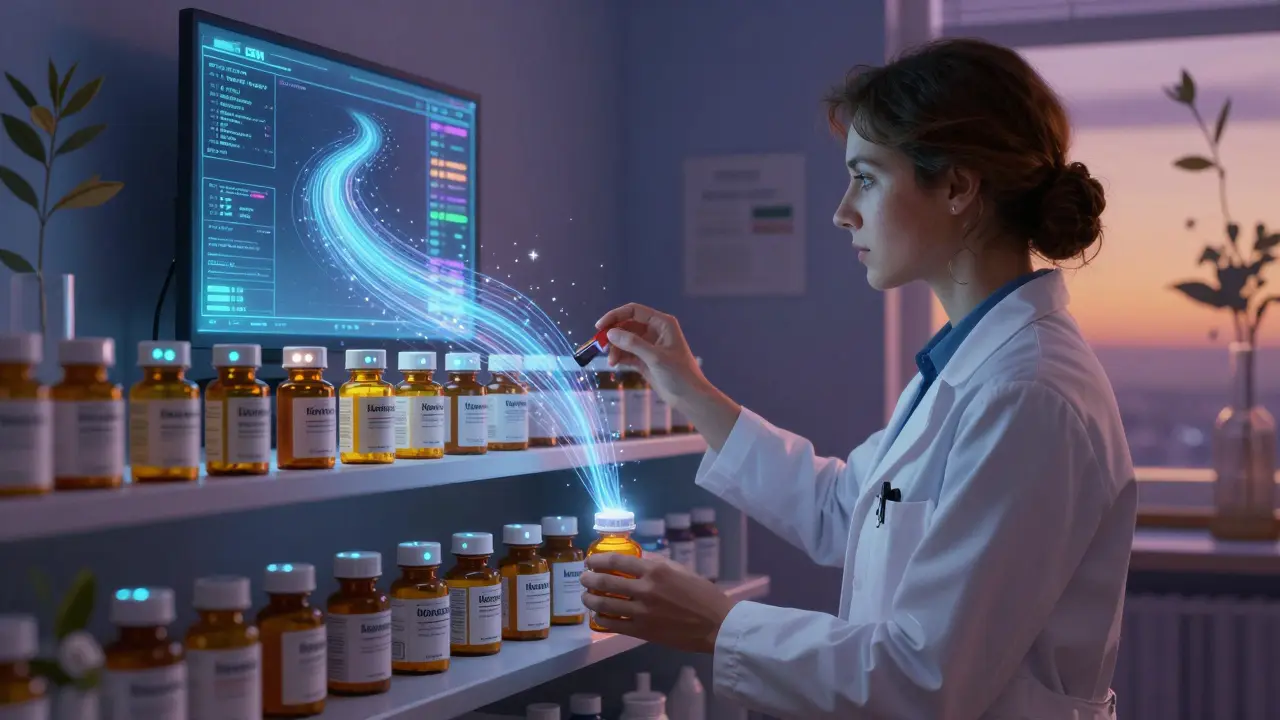 Pharmacist beside medication bottles with glowing caps and a star-like data stream flowing to an EHR screen.