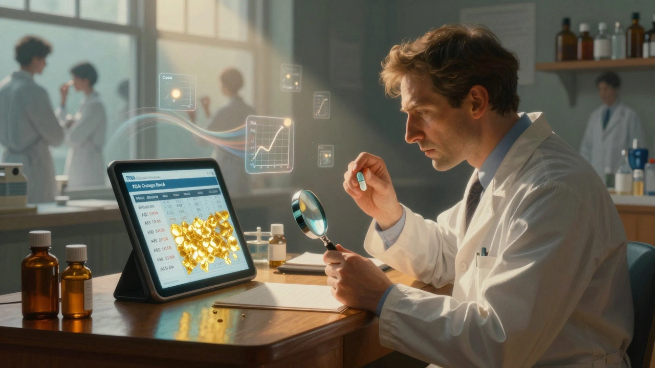 Pharmacist examining pills under magnifying glass with floating bioequivalence curves in golden light.
