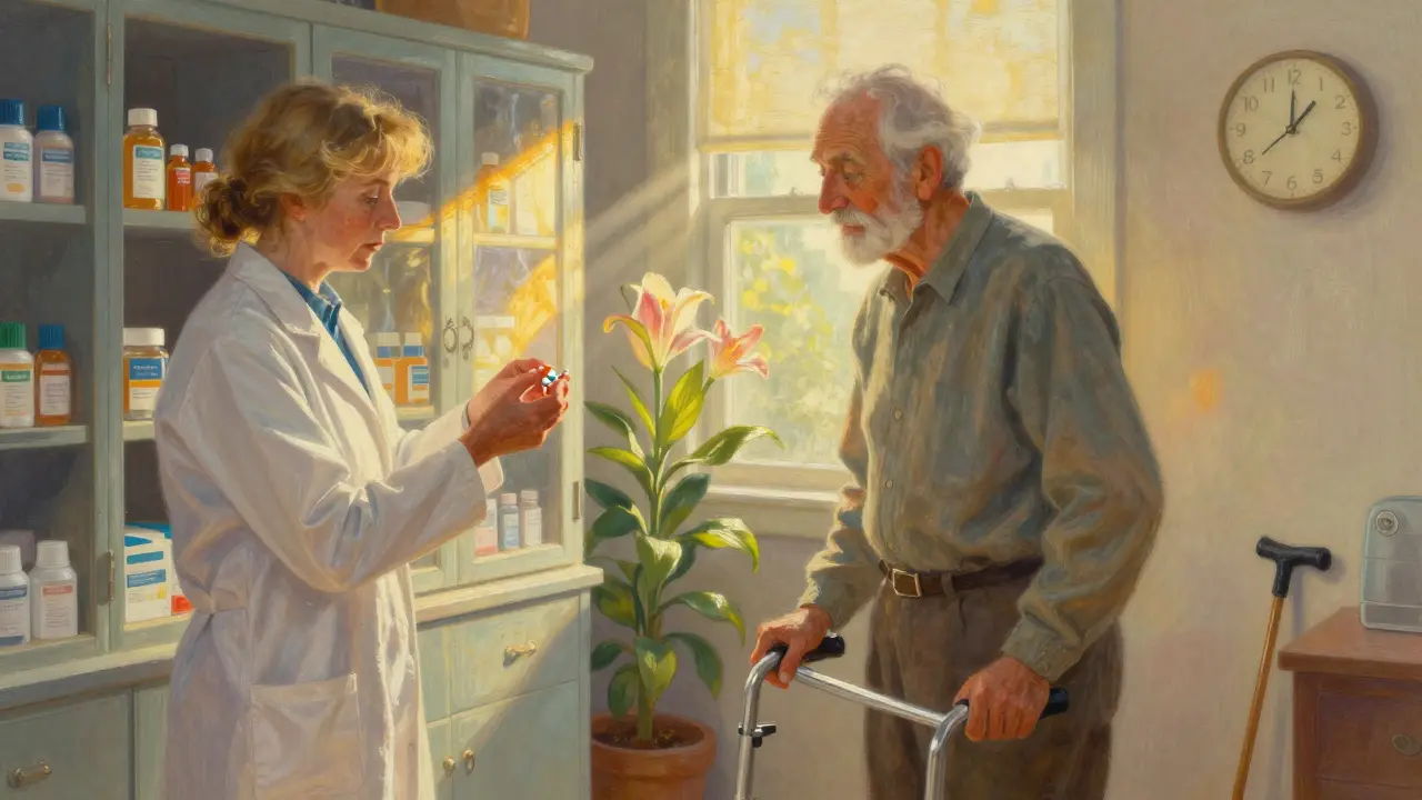Pharmacist removing pills from a cabinet as an elderly man stands without his walker, bathed in warm light.