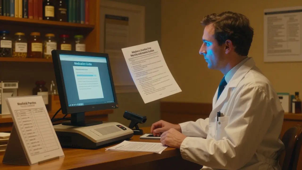 Pharmacist viewing a digital Medication Guide alert beside a checklist and scanner.