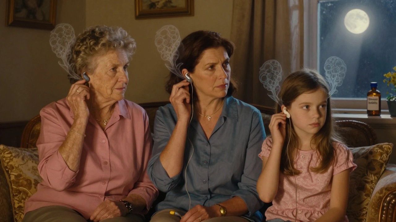 Three generations of women in a living room, each with hearing devices, as spectral bone growth hovers behind them.