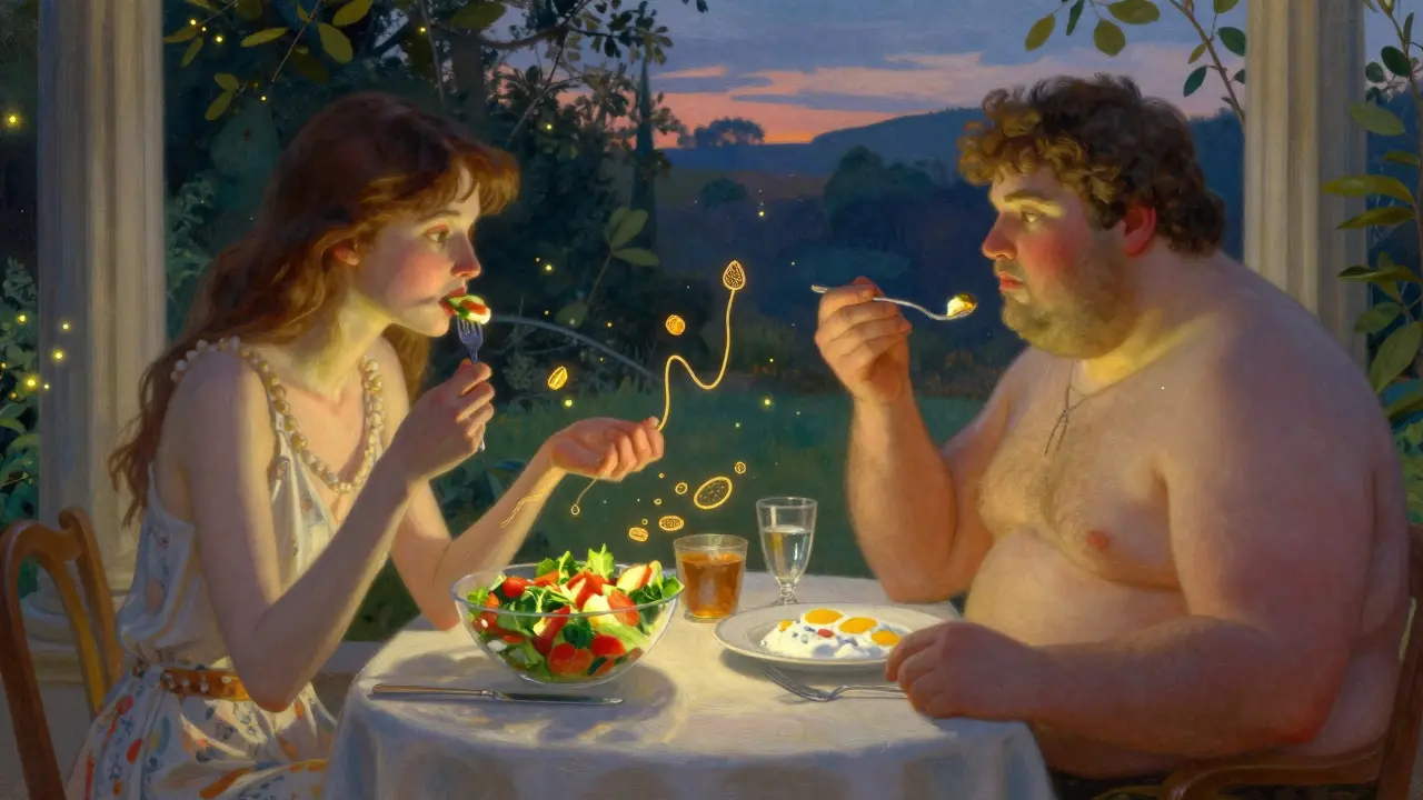Two figures eating different meals, with golden metabolic symbols glowing around them.