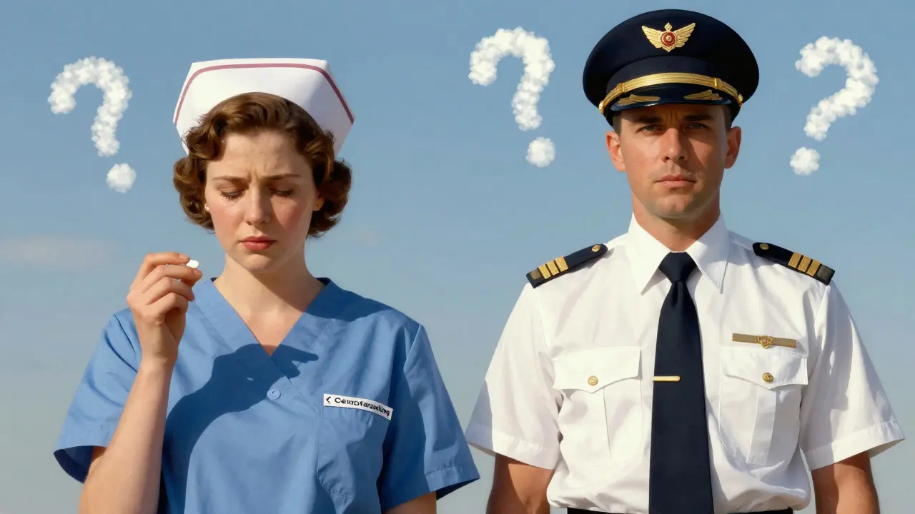 Two figures side by side—one drowsy with cetirizine, one alert with fexofenadine—under contrasting light.