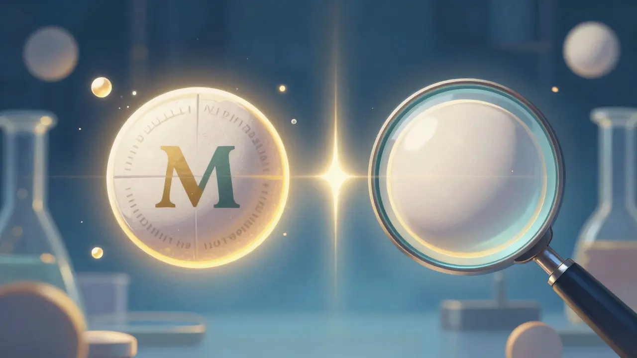 Two identical pills float side by side in a glowing lab, one branded, one plain, with shimmering particles around them.