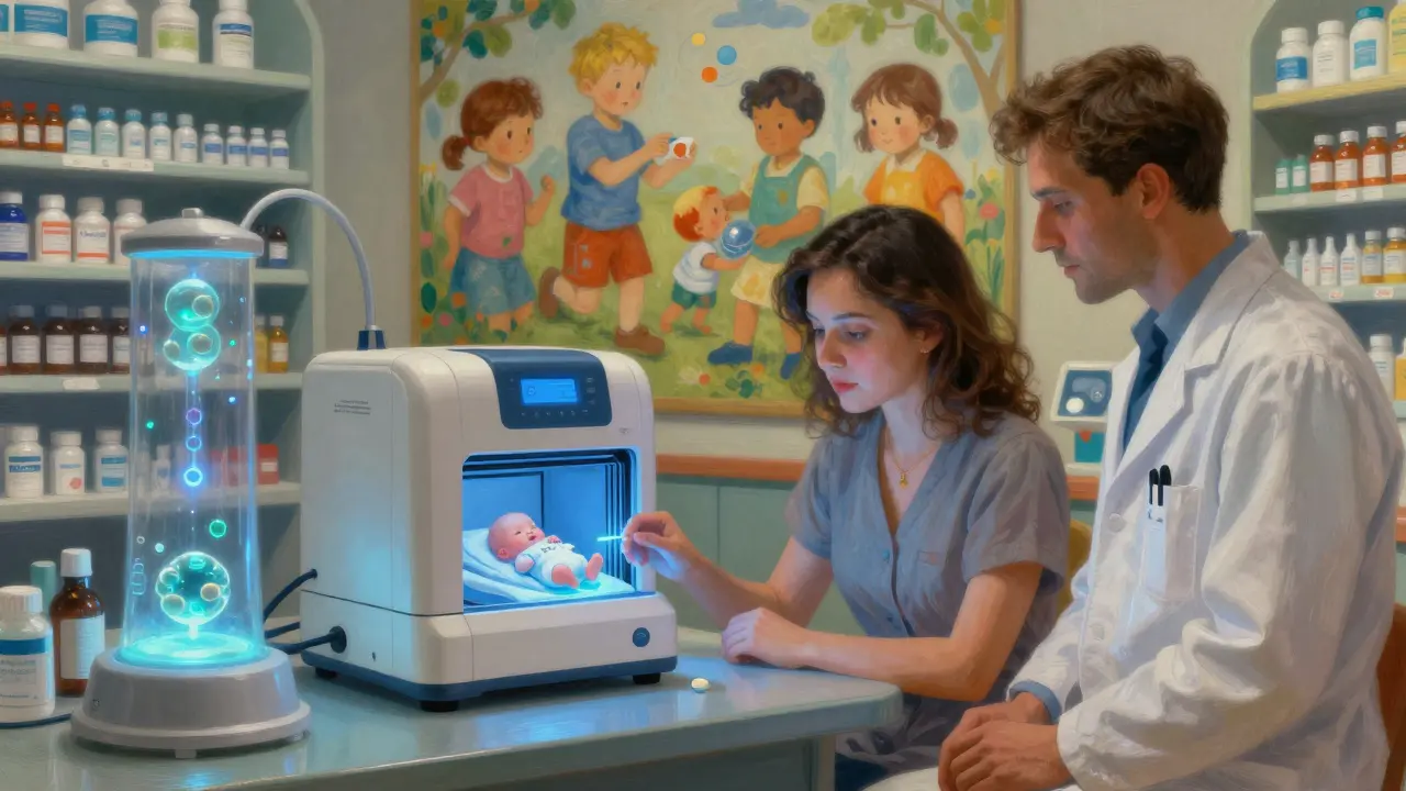 A 3D printer creates a custom pediatric pill while nanoparticle systems glow nearby, symbolizing future medicine innovation.