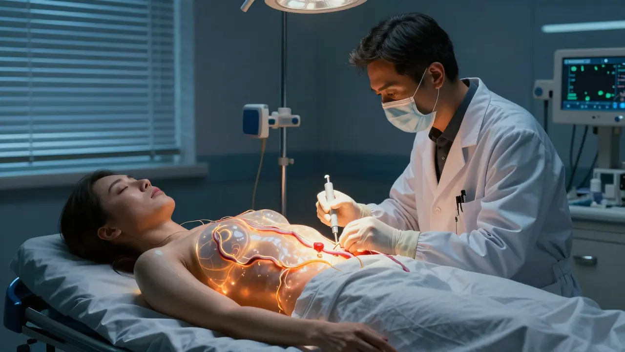 A doctor performing endoscopy on a patient, with luminous varices appearing as glowing vines in a hospital setting.