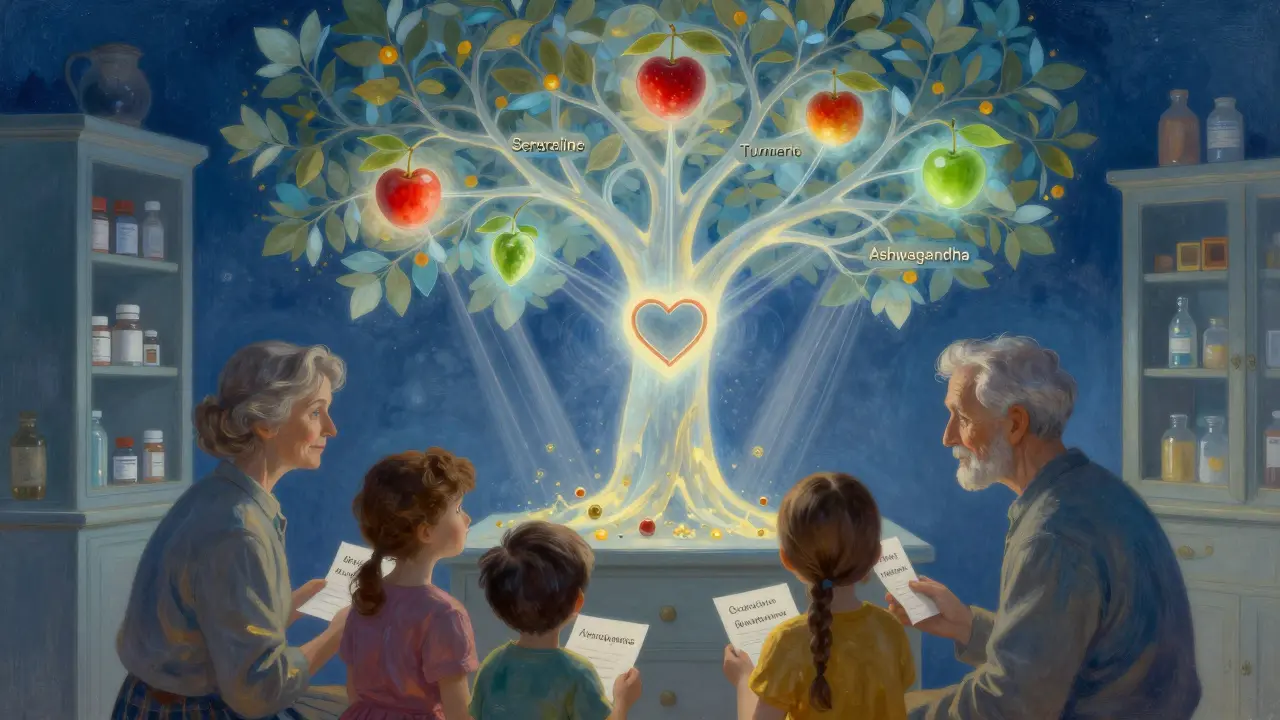A family gathers around an elderly parent as a luminous tree of medications glows with warning and safe signals above them.