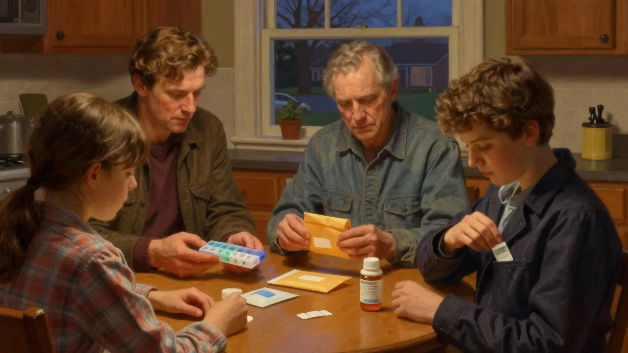 A family organizing medications at a kitchen table, with naloxone being placed in a coat pocket for safety.