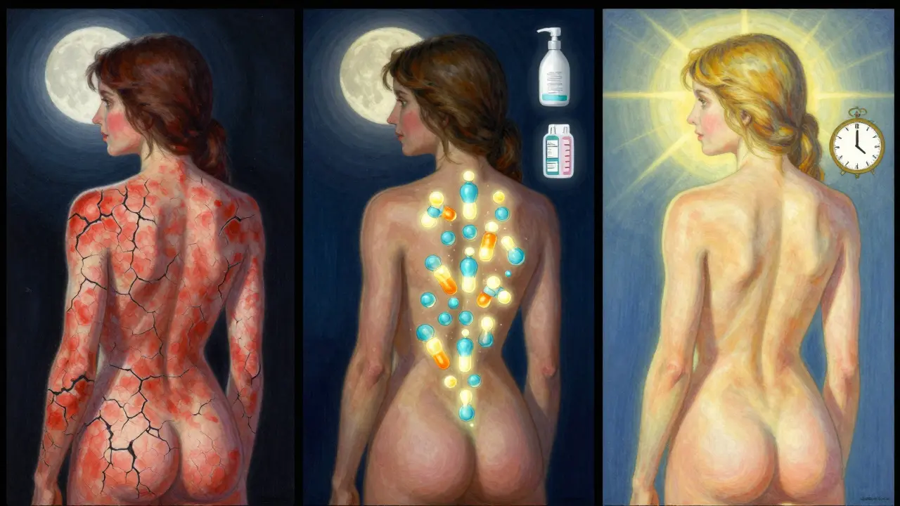 A figure’s skin healing over time, transforming from cracked to radiant with glowing ceramide armor.