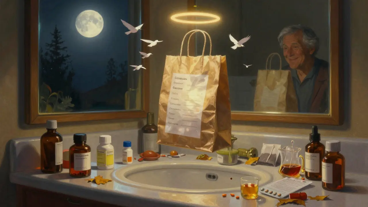 A glowing brown bag floating above scattered meds, symbolizing clarity and safe medication use.