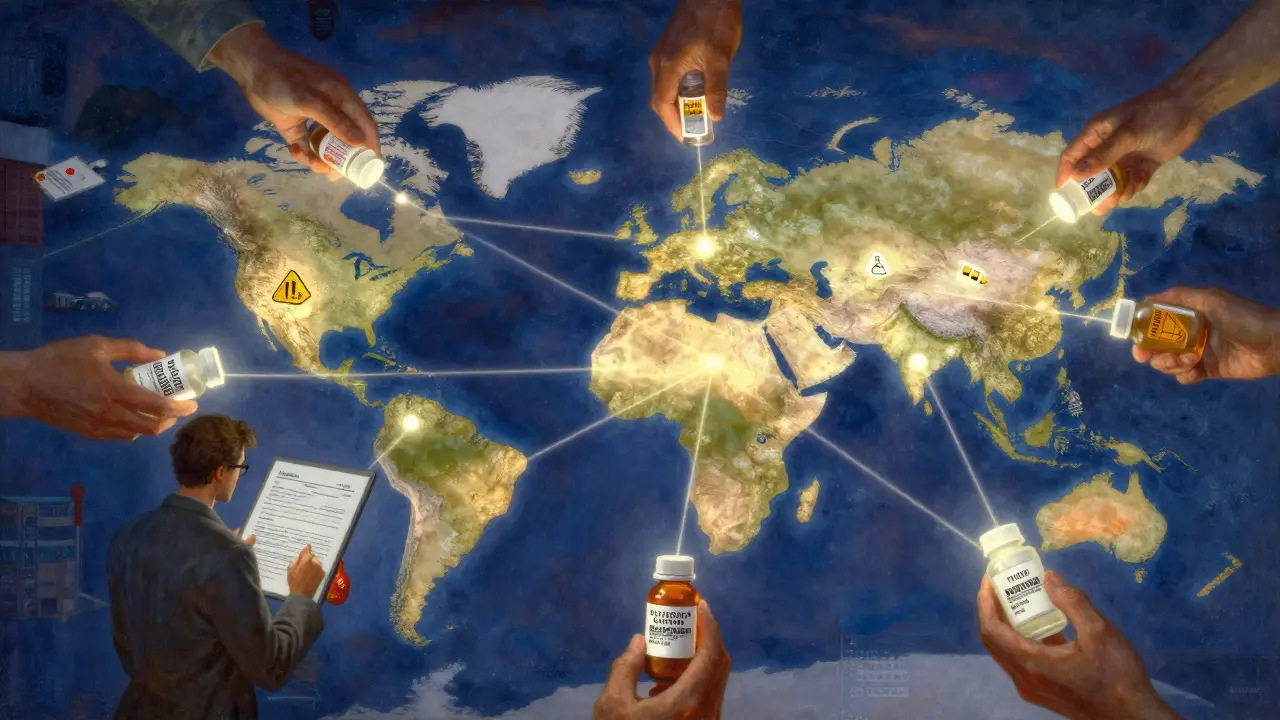 A glowing global network connecting a report to fake drug warehouses under celestial light.