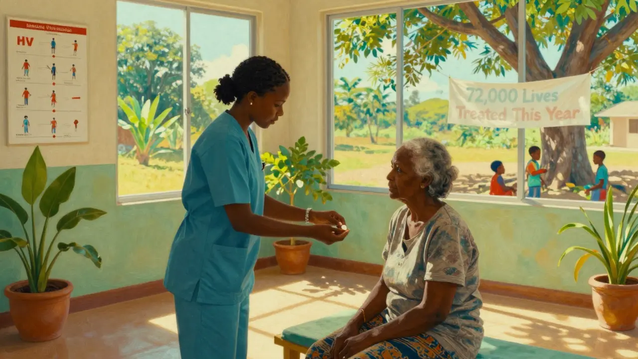 A nurse giving a TLD tablet to an elderly woman in a sunlit clinic with vibrant plants.
