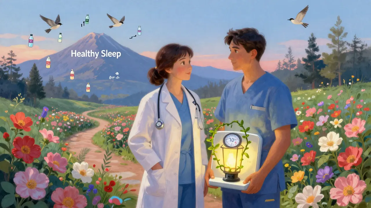 A patient and clinician in a symbolic garden with airway flowers and a glowing CPAP lantern, path leading to healthy sleep.