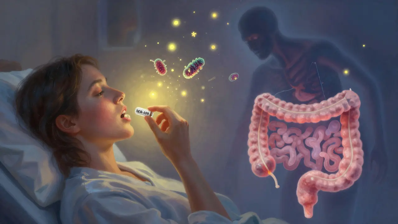 A patient swallowing a capsule as beneficial bacterial spores rise like fireflies, dispelling the shadow of recurring infection.