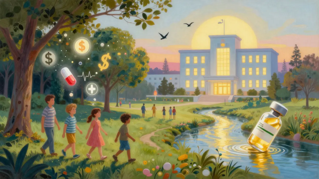 A peaceful community landscape where generic medications transform into golden light nourishing nature and health.