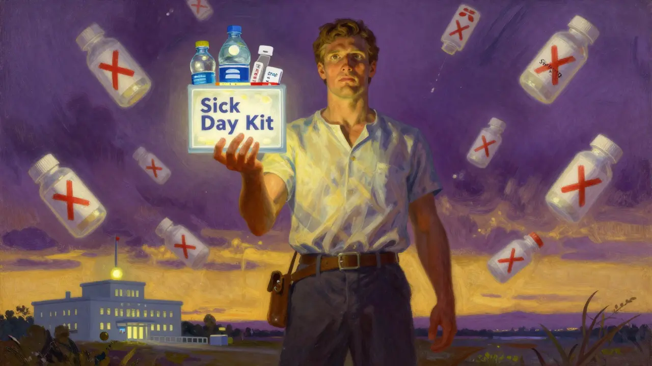 A person holding a prepared sick day kit, standing strong against swirling medication warnings under a twilight sky.