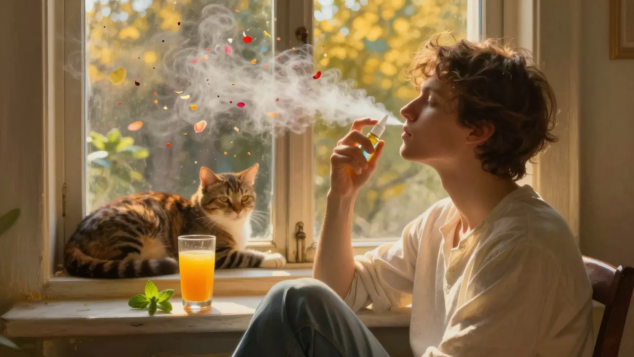 A person sprays nasal mist that turns allergens into dissolving petals, with orange juice nearby.