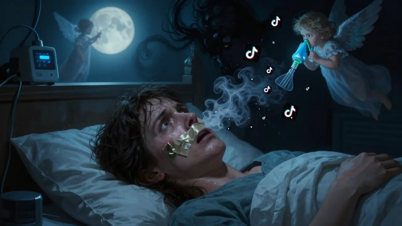 A person wakes in panic with tape peeling off their face, surrounded by dark airway shadows and floating medical devices.