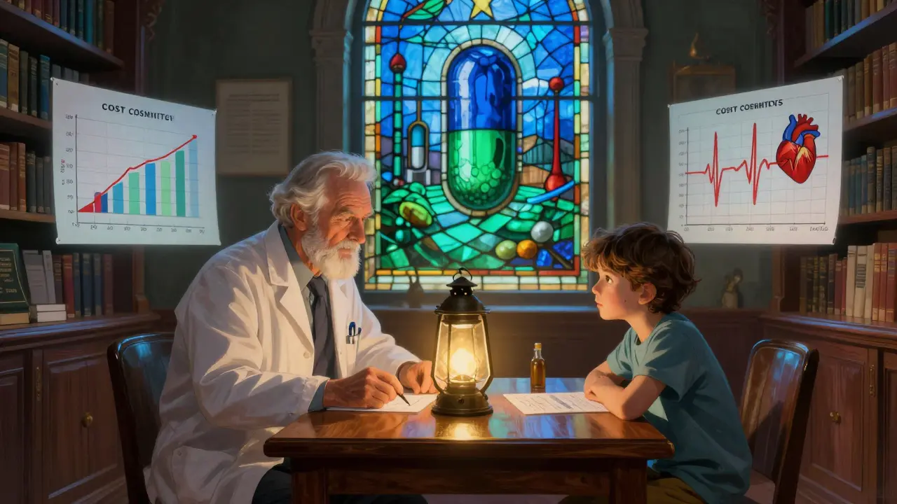 A pharmacist and patient reviewing cost-effectiveness charts in a luminous library with stained-glass pill motifs.