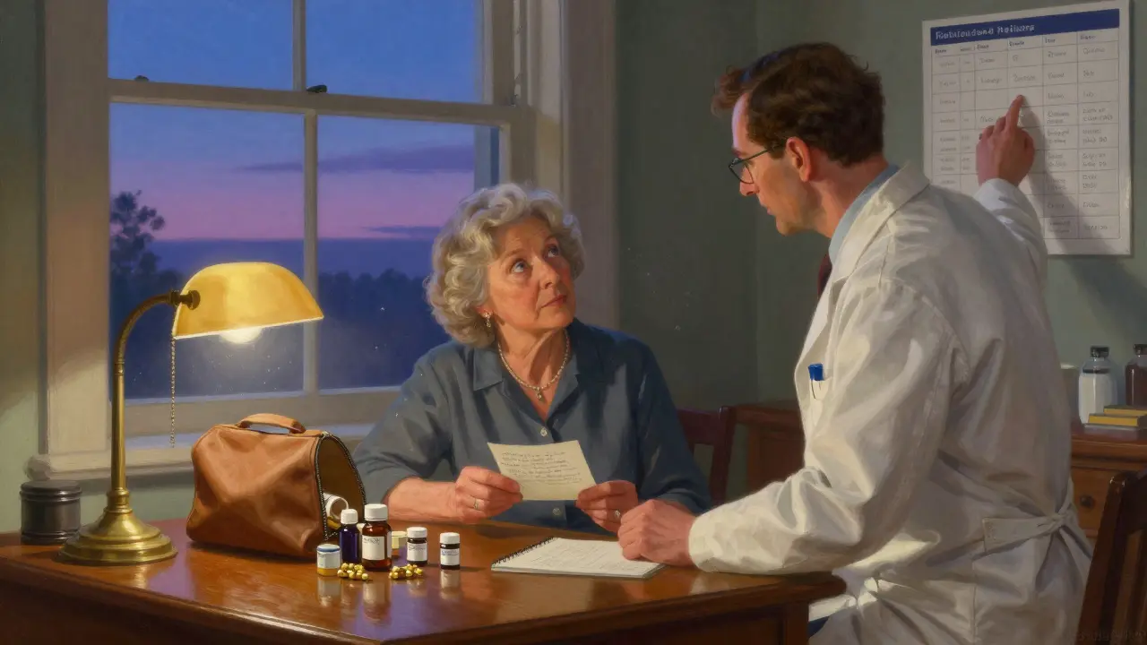 A pharmacist and patient reviewing pill bottles together under soft lamplight in a cozy pharmacy room.