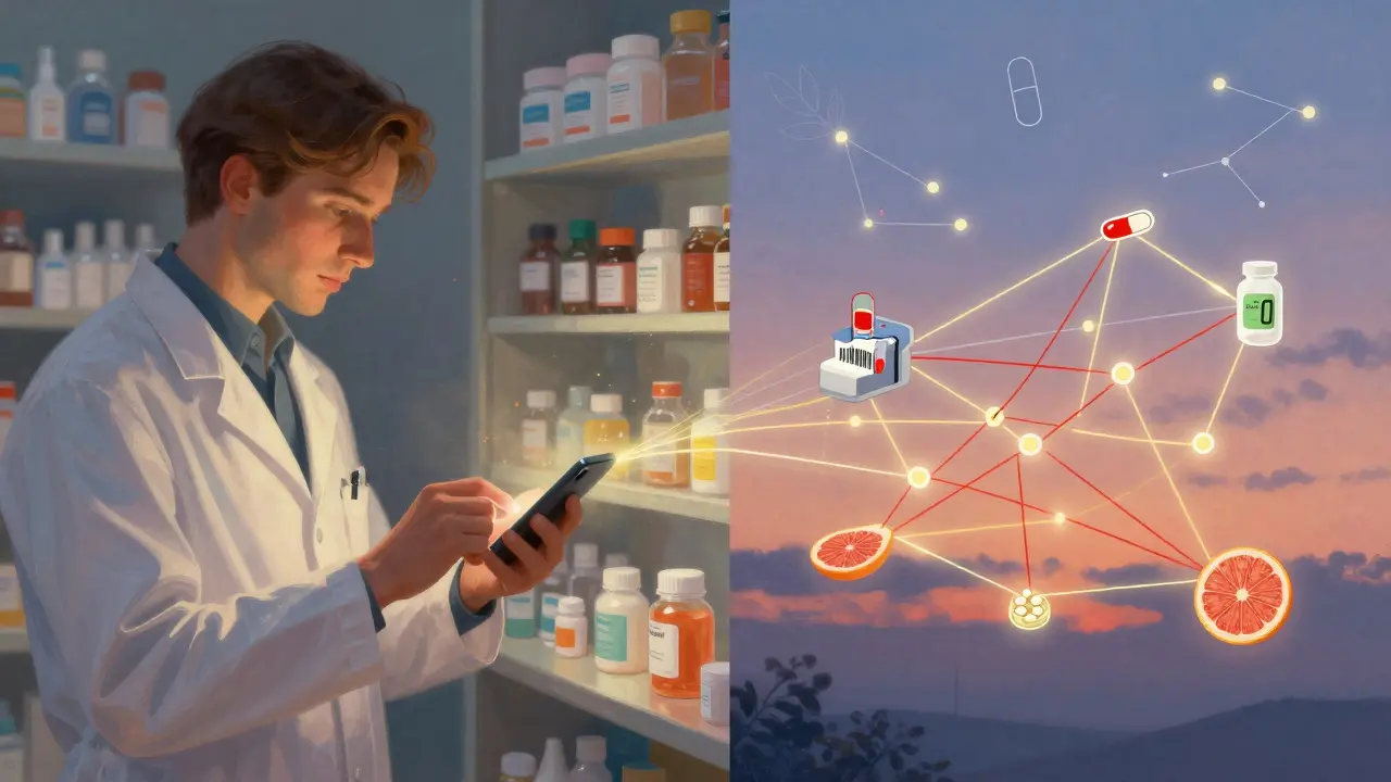A pharmacist scans a pill bottle while glowing lines show dangerous drug interactions in a twilight pharmacy.