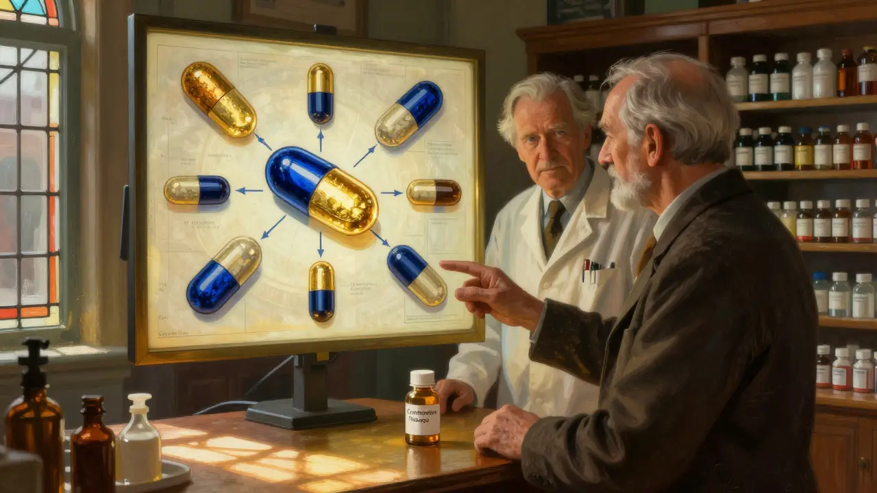 A pharmacist shows an elderly man a combination pill bottle, with a glowing chart transforming multiple pills into one.