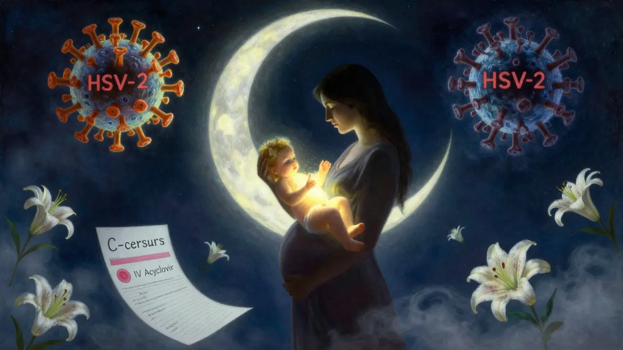 A pregnant woman under a moon with swirling HSV viruses above, medical symbols floating nearby.