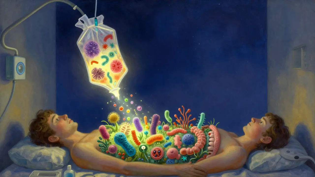A radiant enema delivers microbial life into a colon that blooms into a luminous garden under a starlit sky.