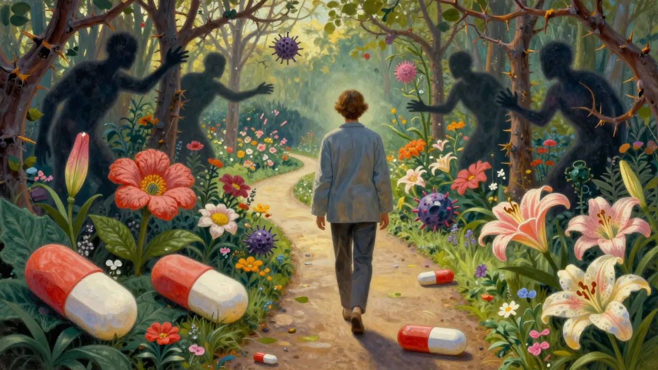 A survivor walks a path through a symbolic garden of medicine flowers, shadowed by threats, bathed in soft dawn light.