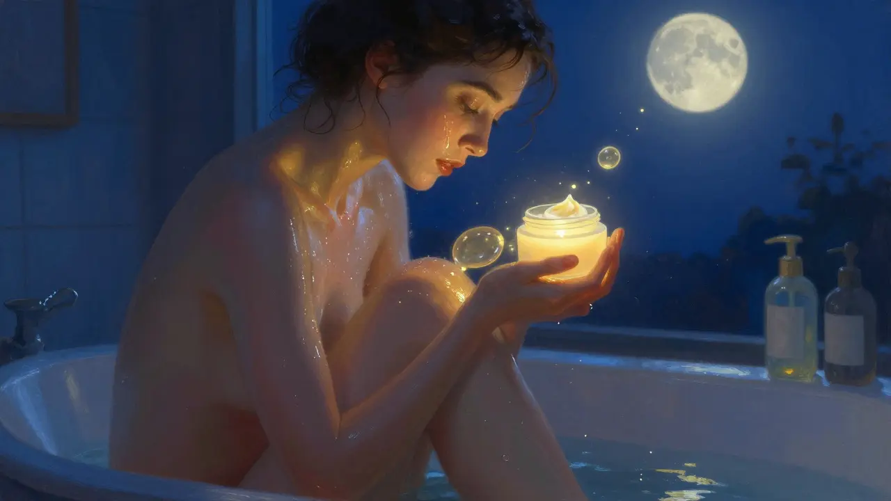 A woman applying ceramide cream after a bath, bathed in moonlight with floating lipid molecules.