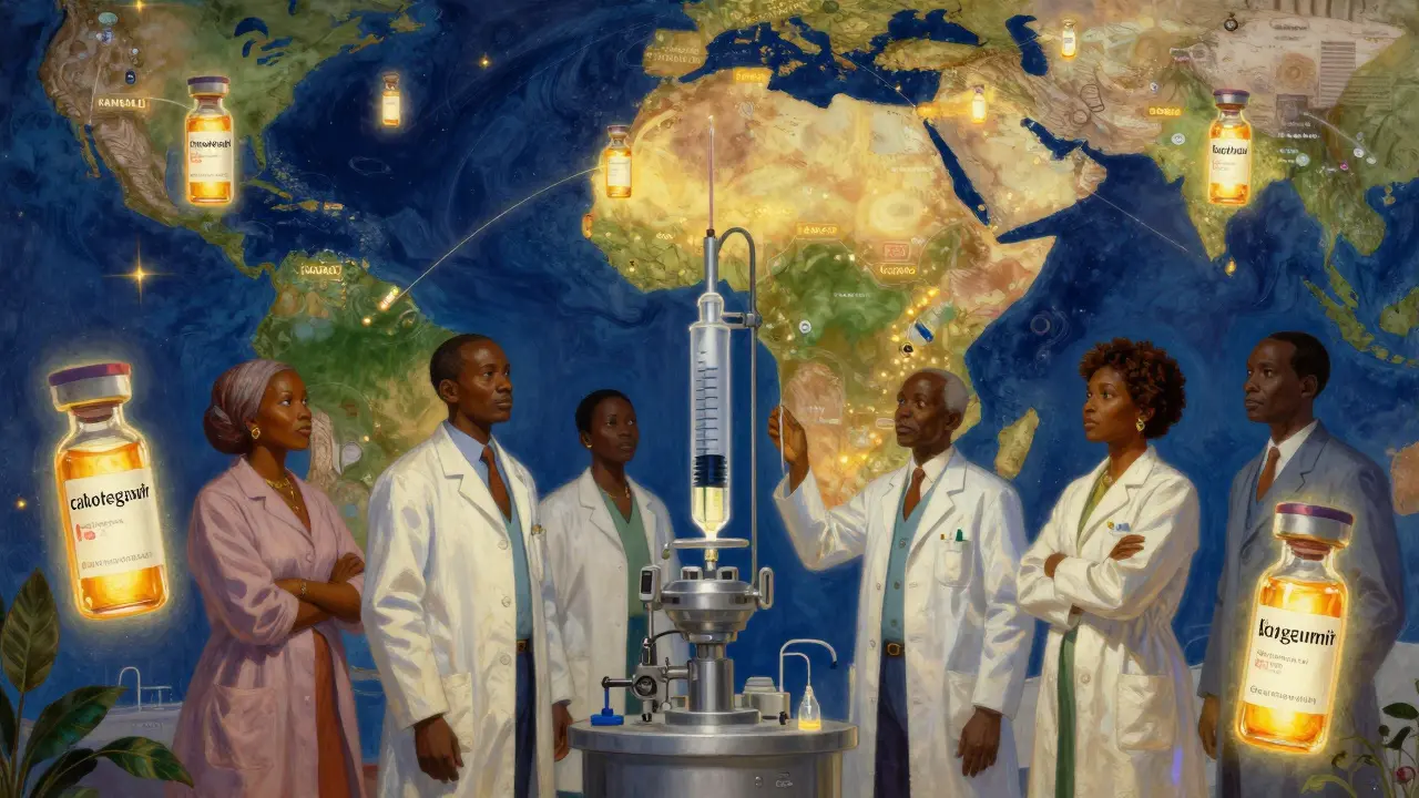 African scientists beside a glowing production line of long-acting HIV injections, with a luminous map of Africa.